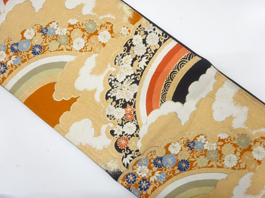 JAPANESE KIMONO / ANTIQUE FUKURO OBI / WOVEN KIKU & PAULOWNIA